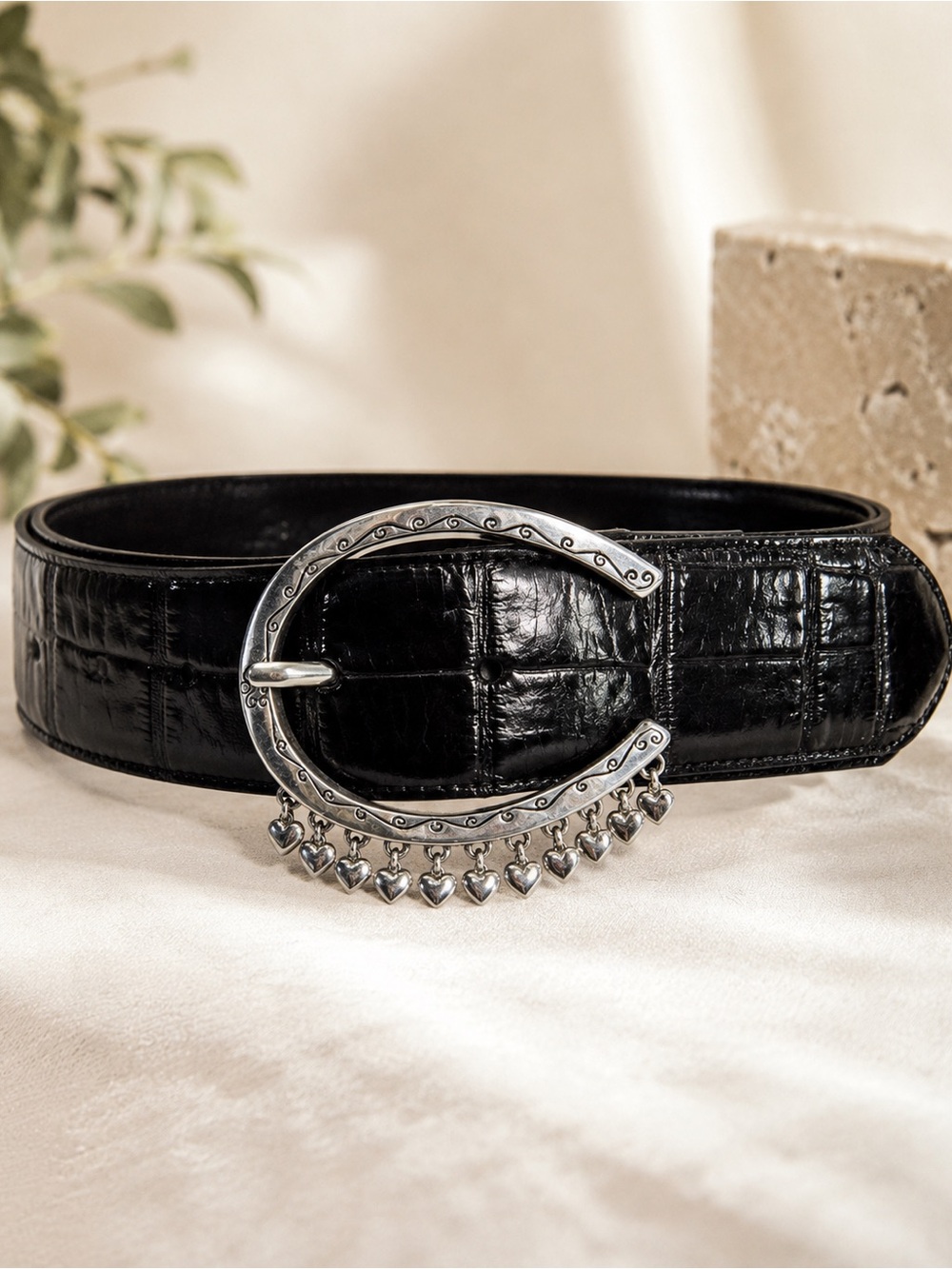 Brighton Black Croc Embossed Leather Belt Silver Heart Charm Buckle Size 30